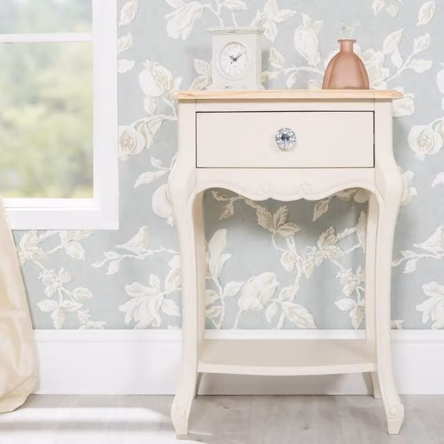 Statement Furniture Juliette Vintage Chic 1 Drawer Bedside Table with Crystal Handle in Ivory