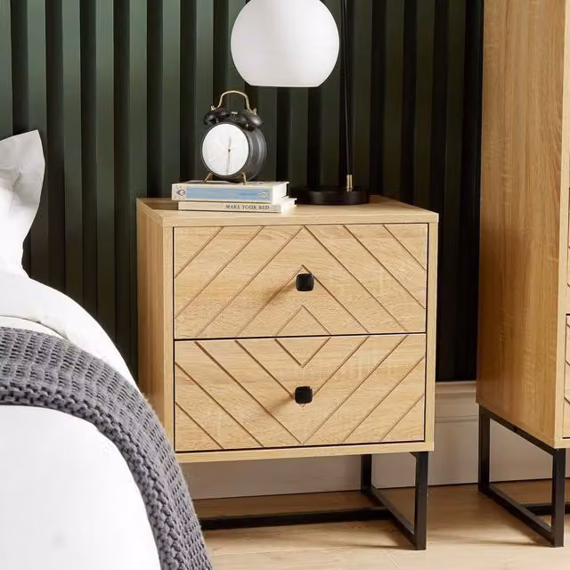 Home Source 2 Drawer Bedside Table with Aztec Design in Light Oak Effect and Metal Legs – 1