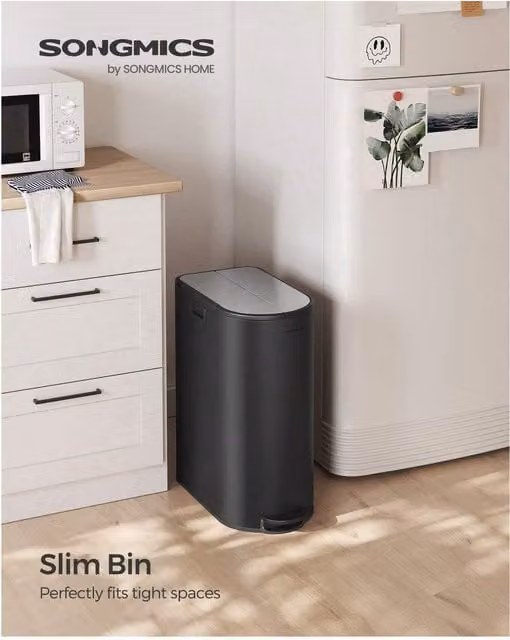 SONGMICS Slim Dual-Compartment Pedal Kitchen Bin with Soft-Close Lid, Black