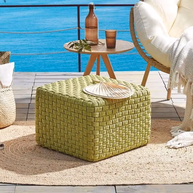 Wyld and Coco Green Handwoven Weatherproof Garden Pouffe, W/D/H: 50 x 50 x 50 cm