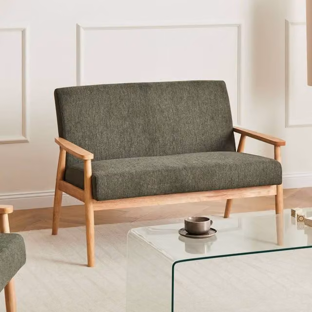 Wyld and Coco Retro 2-Seater Upholstered Sofa in Green with Solid Wood Frame