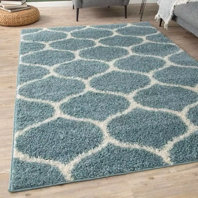 THE RUGS Moroccan Soft High Pile Shaggy Trellis Rug, Duck Egg Blue, W: 140 cm, D: 200 cm – 1