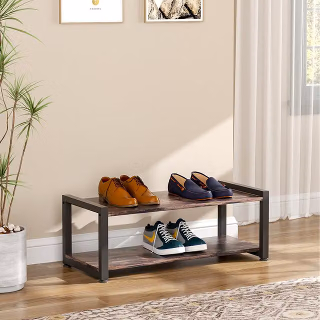 Komore Antique Oiled Wood Freestanding Shoe Storage Rack with Internal Shelves in Brown and Black