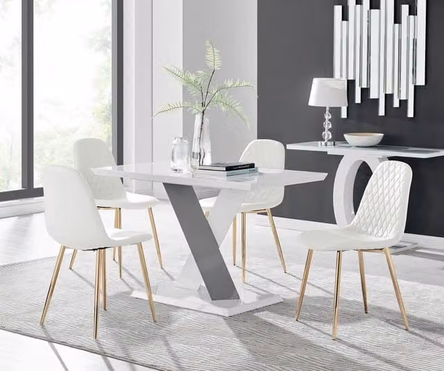 Furniturebox Monza White High Gloss Rectangular Dining Table with 4 Corona Gold Leg Chairs