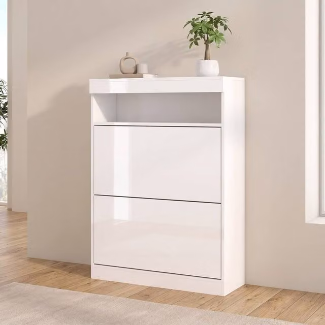 STILVORA Modern Glossy White Shoe Cabinet with 2 Tilting Compartments and Open Shelf, W/D/H: 99.5 x 2.0 x 80.0 cm – 1