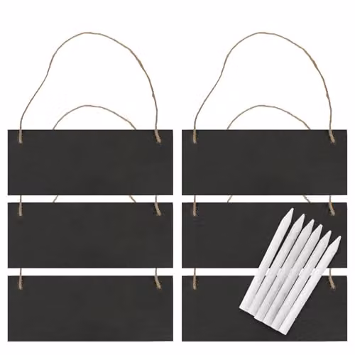 Nicola Spring Pack of 6 Rectangle Slate Memo Boards with Rope and Chalk Pencils, Black, W: 25 cm, H: 10 cm