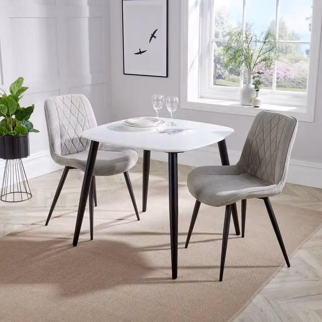 Aspen Gloss White Sintered Stone Square Dining Table and 2 Stitch Fabric Chairs Set in Light Grey