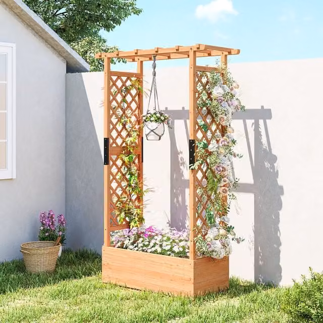 Outsunny Brown Wooden Raised Garden Bed with Trellis for Climbers
