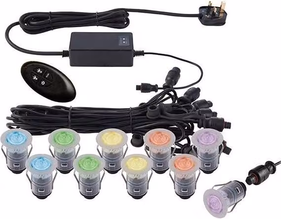 Netlighting Ikonpro Integrated LED 10 Light Outdoor Recessed Ground Light in Polished Silver Stainless Steel with Transparent Glass, IP67 Rated, RGB Multicolour