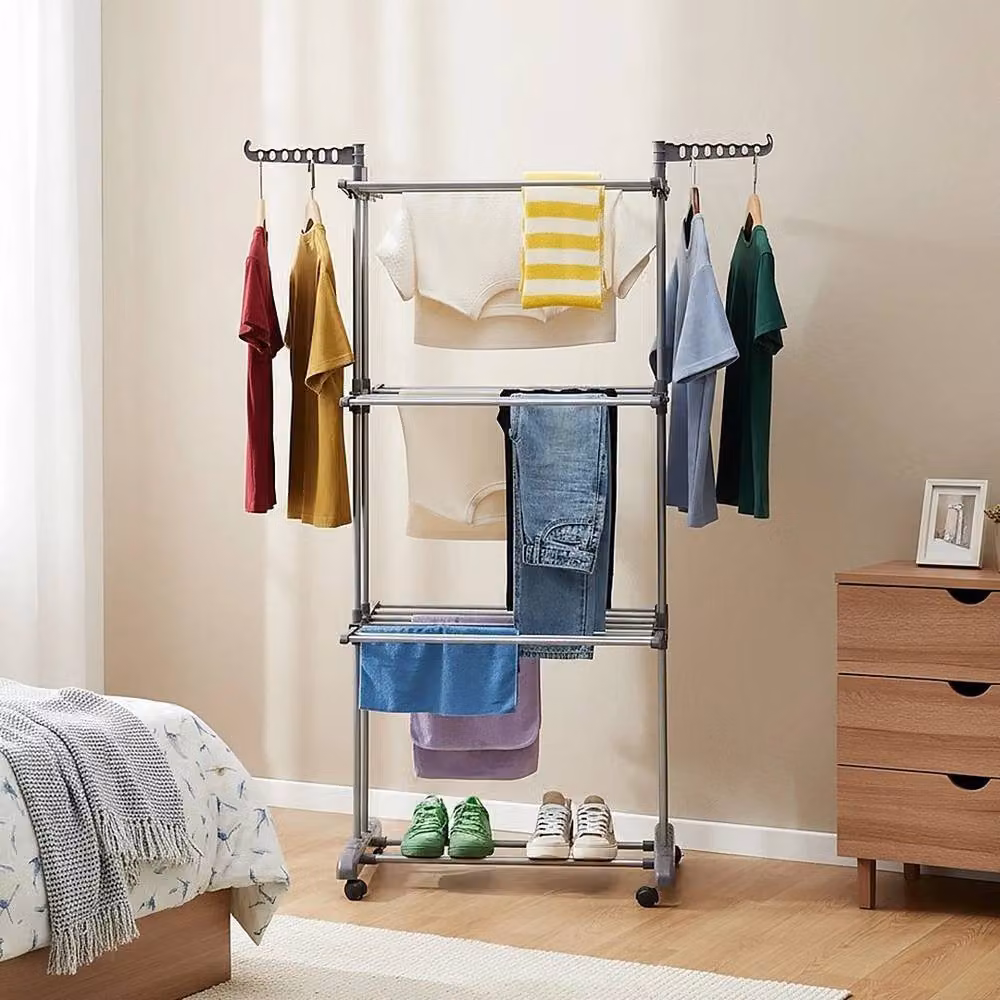 NESTLUNE 4 Tier Foldable Metal Clothes Drying Rack with Wheels in Silver – 2