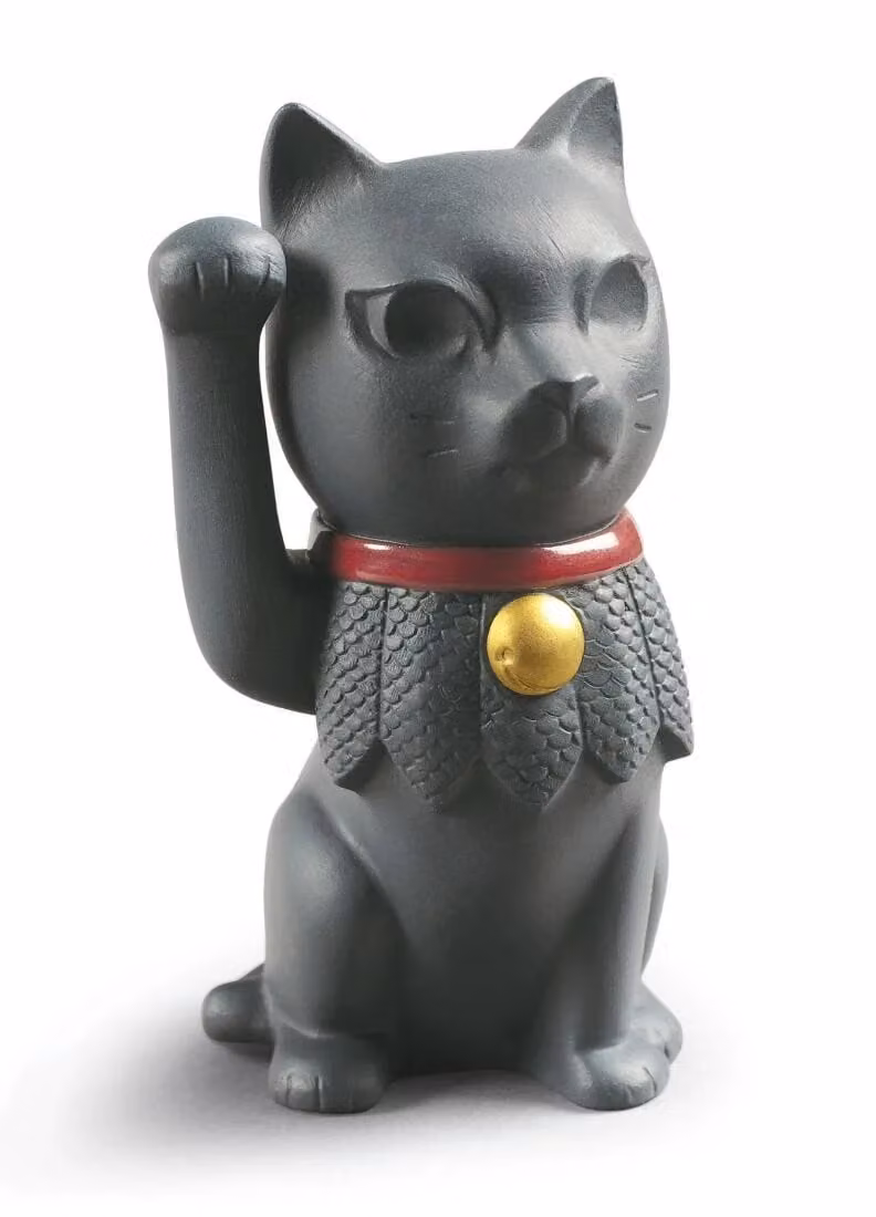 Lladró Maneki Neko Porcelain Figurine in Black, Red, Gold and Grey