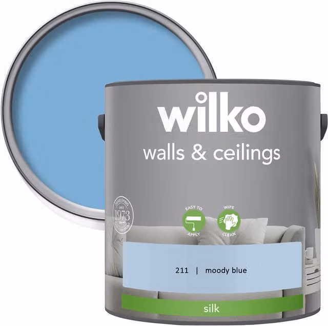wilko Walls and Ceilings Silk Emulsion Paint, Blue, 2.5 l