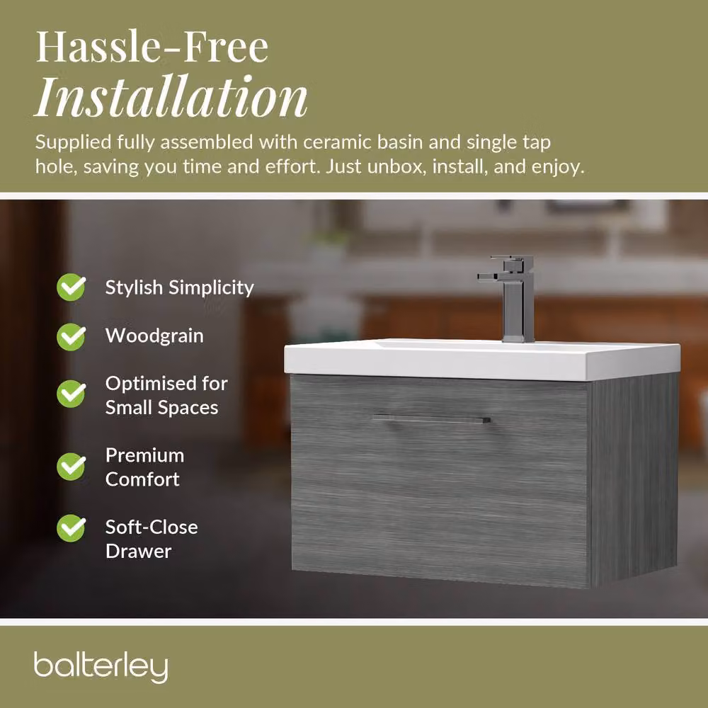 Balterley 600mm Wall Hung 1 Drawer Vanity in Woodgrain Anthracite Grey with Pewter Handle – 4
