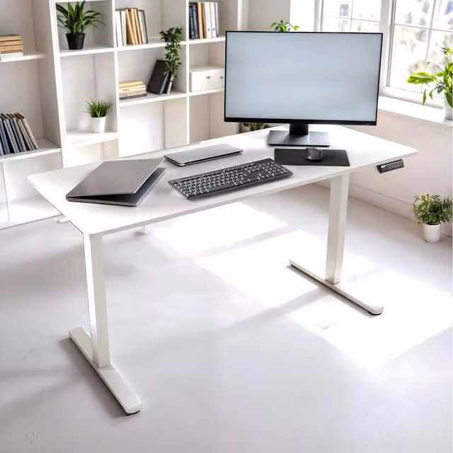 AREBOS Electric Height-Adjustable Computer Desk, White, W/D/H: 140 x 70 x 118-128 cm
