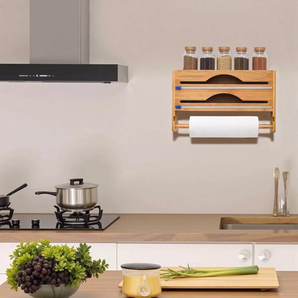 EONLION Wall Mounted Brown Kitchen Roll, Foil and Cling Film Holder with Shelf – 3