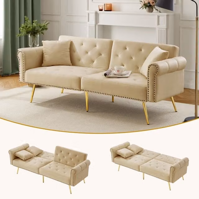 Matteo Modern 2-Seater Velvet Sofa Bed in Beige with Adjustable Backrest and Solid Wood Frame