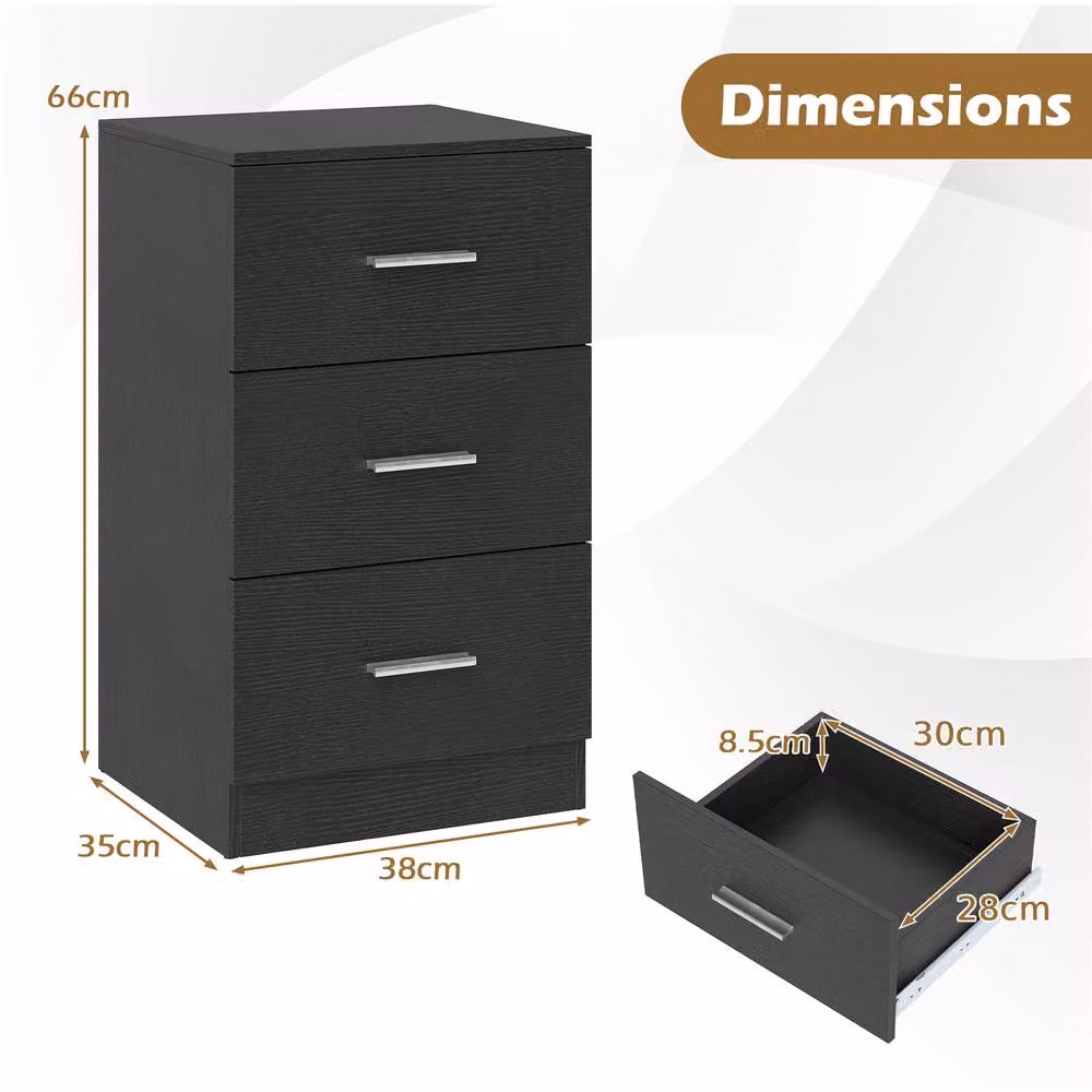 Costway Modern Black Nightstand with 3 Storage Drawers – 2