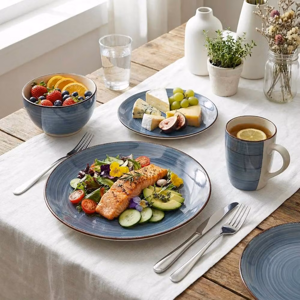 Alivio 16-Piece Blue and Grey Stoneware Dinnerware Set with Geometric Reactive Glaze Dinner Plates, Bowls and Mugs – 6