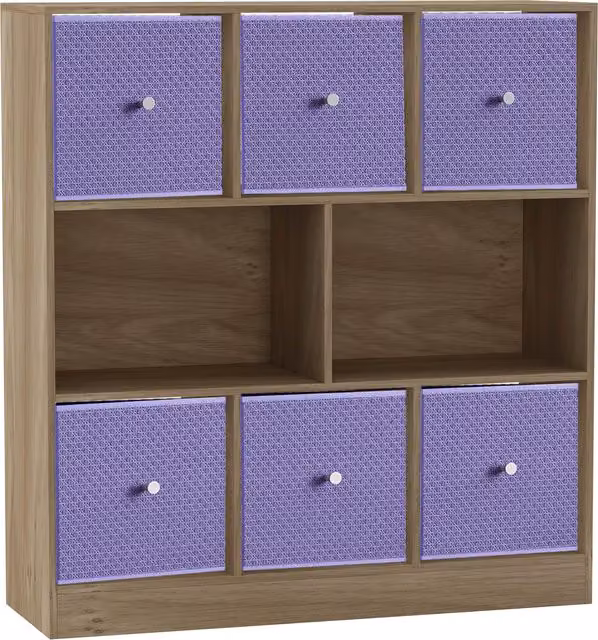 URBNLIVING 8 Oak Cube Bookcase with 6 Purple Fabric Storage Drawer Inserts