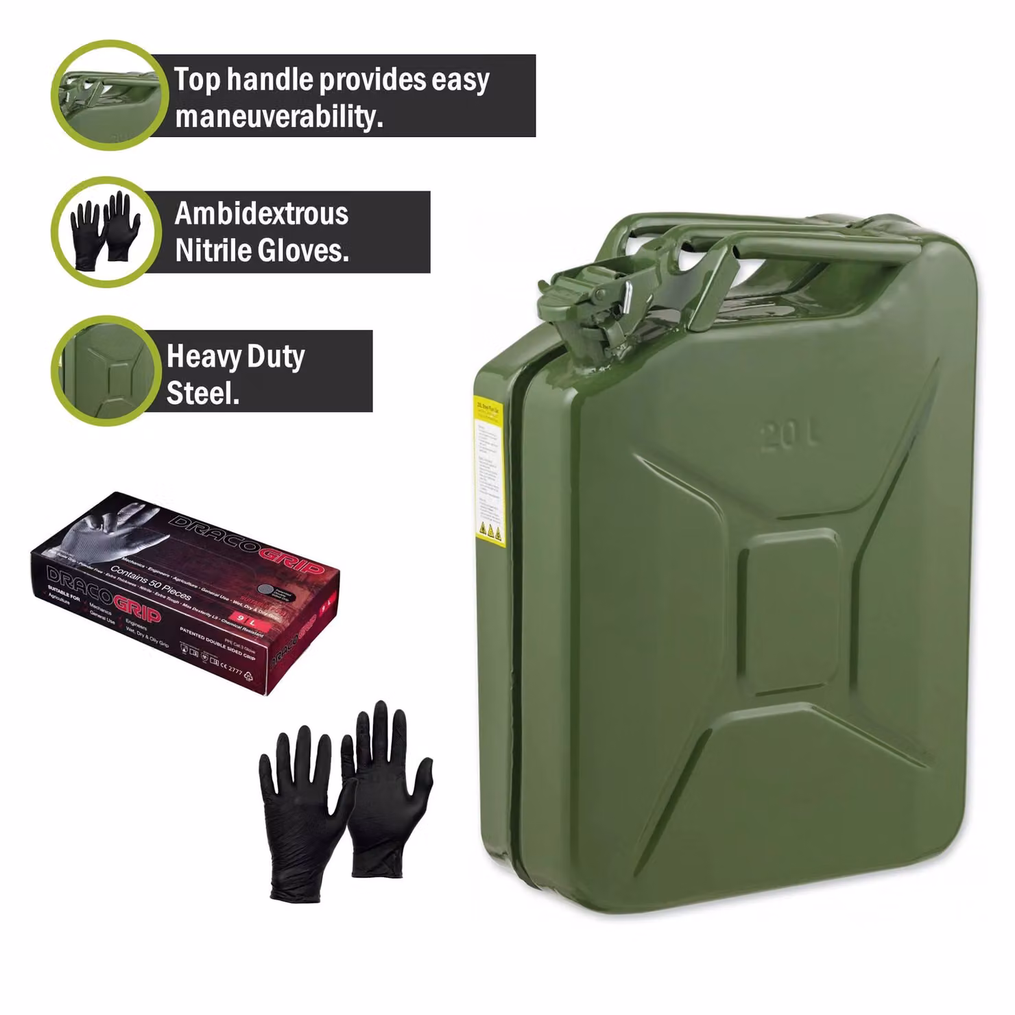 Pegdev 20L Heavy Duty UN Certified Fuel Jerry Can in Dark Green with Nitrile Gloves – 2