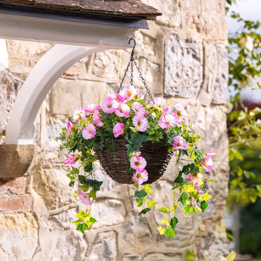Christow Pink Artificial Petunia Wicker Hanging Basket with UV Resistant Foliage, Diameter: 30 cm – 5