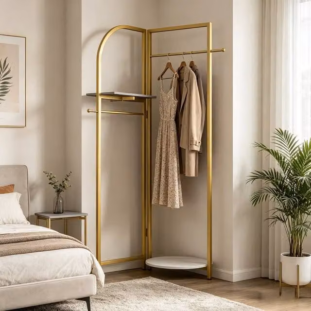 KORVIXA Freestanding Corner Clothing Rack in Matt Gold with Dual Hook and Rail Matrix