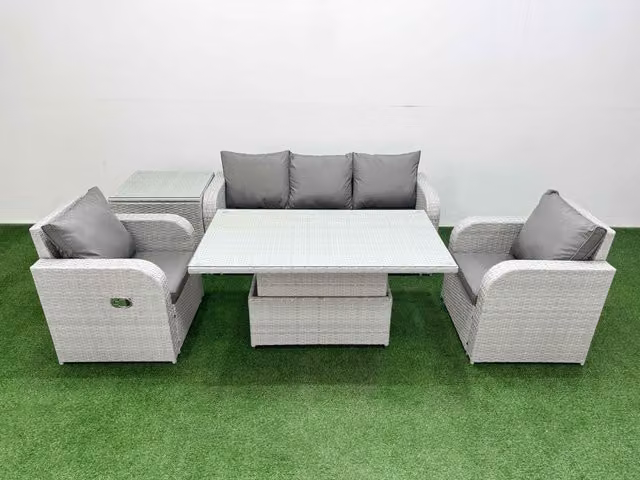 Fimous PE Rattan Garden Furniture Set in Light Grey with 3-Seater Sofa, Lounge Armchair, and Coffee Table