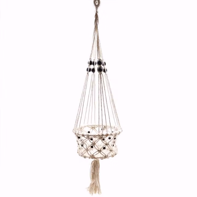 KDMD Large Single Beaded Macrame Pot Holder in White – 2