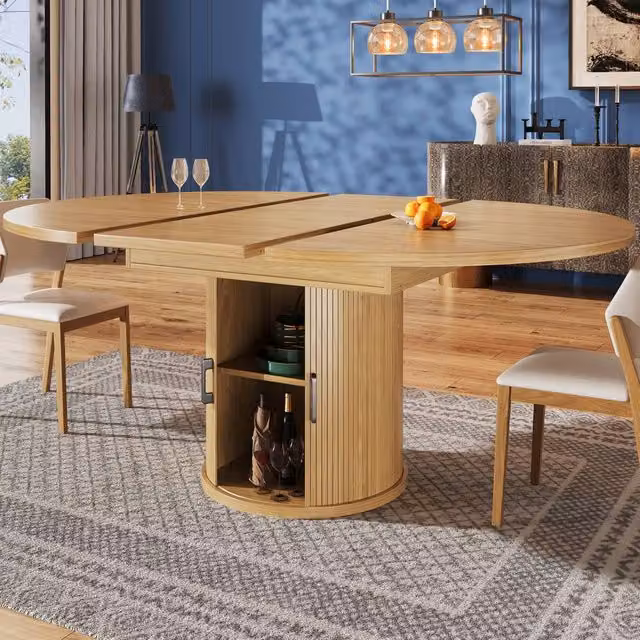 Merax Extendable Round to Oval Dining Table with Butterfly Leaf and Storage in Sand, Black or Brown