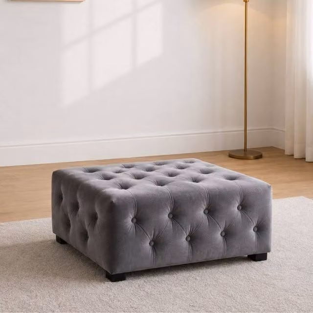 Sofaya Hampton Chesterfield Velvet Foot Stool and Coffee Table in Grey, W/D/H: 60 x 60 x 32 cm