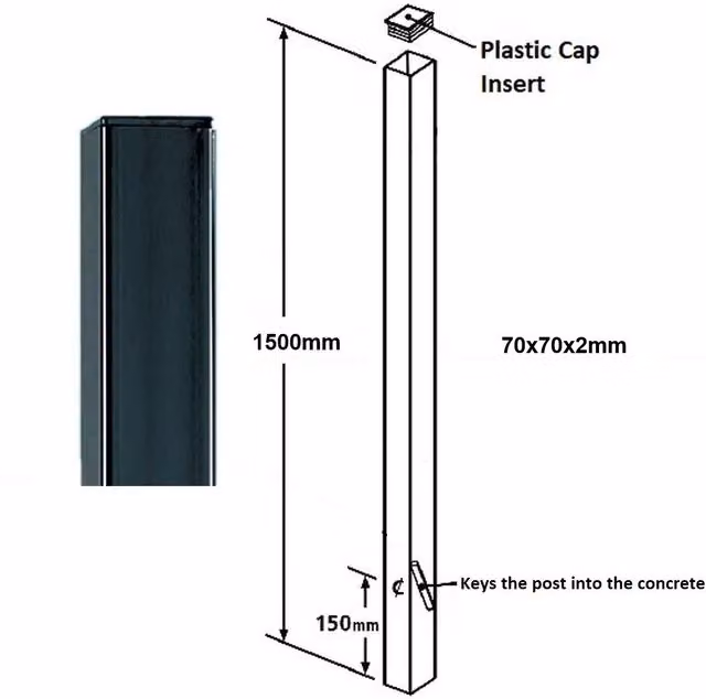Burbage Iron Craft Square Flat Top Concrete-In Post for Double Gates, Black, H x W x D: 1500 x 70 x 70 mm