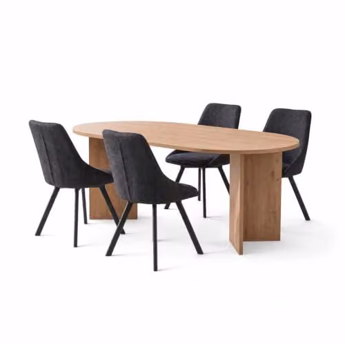 FWStyle 5 Piece Modern Oak Dining Set with Brown Table and 4 Black Swivel Chairs, W: 180 cm, D: 90 cm, H: 75 cm – 4