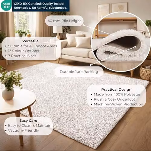 Desire Rugs Plain Modern Machine Woven Shaggy Area Rug, Beige/White, W/D: 120 x 120 cm – 2