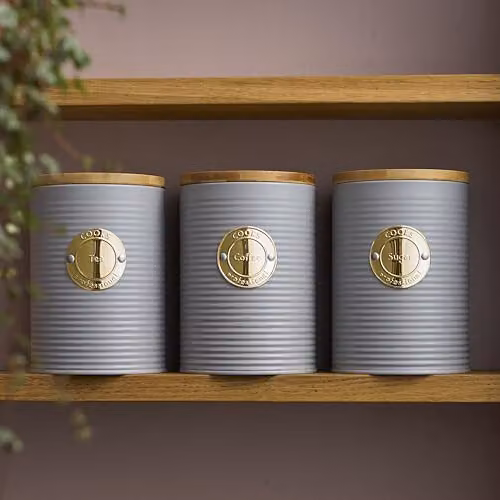 Cooks Professional 3 Piece Ribbed Tea, Coffee and Sugar Canister Set with Airtight Bamboo Lids in Grey and Gold Stainless Steel – 2