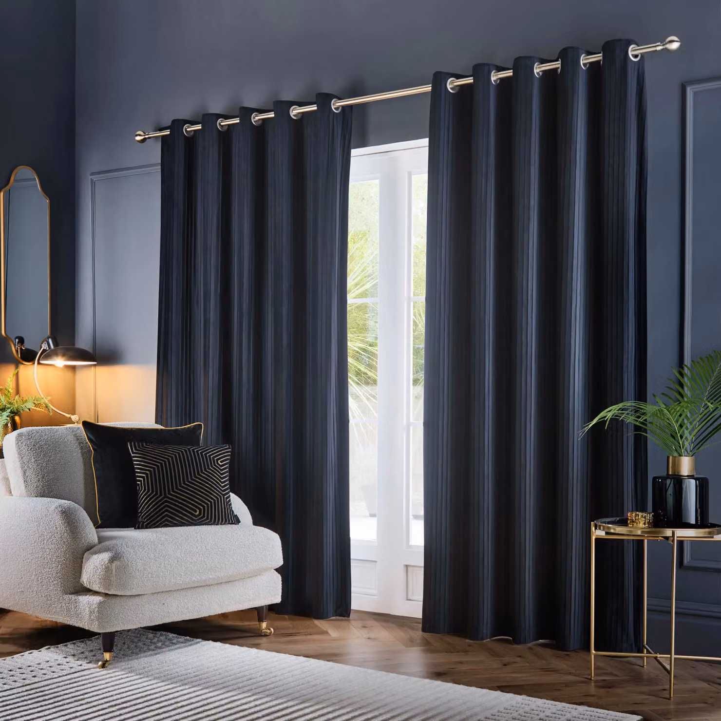 Paoletti Corinthian Velvet Room Darkening Eyelet Curtains, Blue, Width: 168 cm, Drop: 137 cm – 2