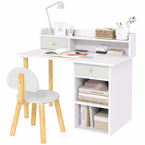 AIYAPLAY Kids Desk and Chair Set with Hutch and Drawer, Green and White, Ages 3-8 Years – 1