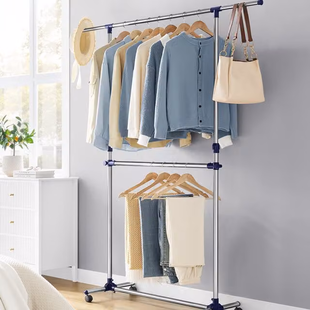 SONGMICS Double Clothes Rail with Extendable Top Rail in Silver