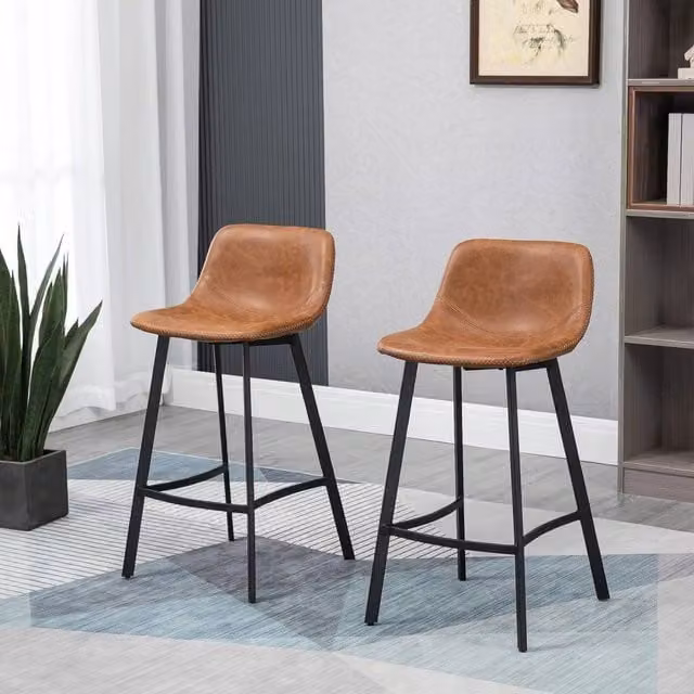 EONLION Industrial Bar Stools Set of 2 in Brown Synthetic Leather with Metal Legs