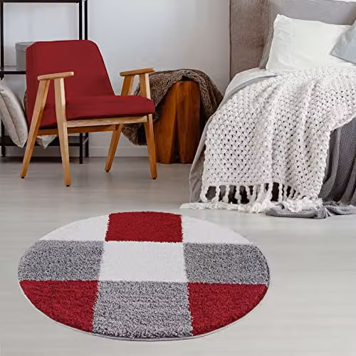 THE RUGS Modern Red and Grey Checked Round Shaggy Area Rug, Diameter: 120 cm – 3