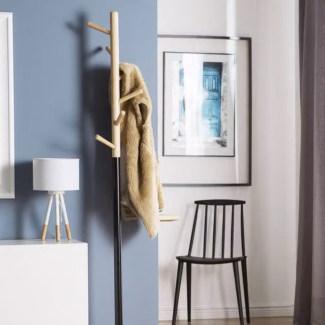 Wyld and Coco Pine and Black Steel Freestanding Coat Stand with Distributed Point Hooks – 1