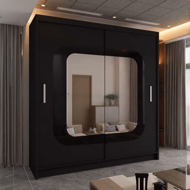 Sliding Wardrobes 4U Chenai Black Sliding Door Wardrobe with Mirror Glass Design W: 150 cm, H: 217 cm – 1