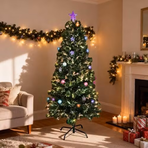Shatchi 150 cm Green Fibre Optic Pre-Lit Christmas Tree with Multicolour Lights, Baubles and Star Topper – 5