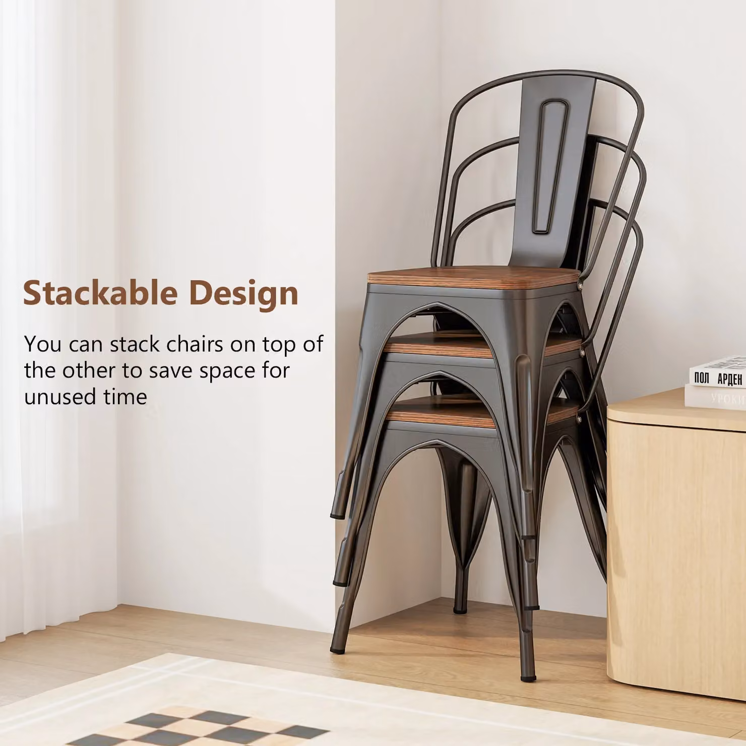 Gymax Set of 4 Stackable Metal and Wood Industrial Dining Chairs in Grey – 6