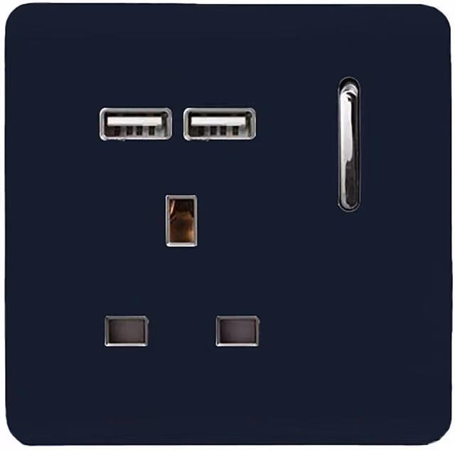 Trendi Single Switched 13 Amp Wall Socket with 2x 2.1A USB Charging Ports in Navy Blue