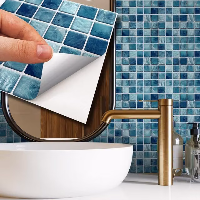 Walplus Metallic Wall Tile Stickers in Turquoise and White Geometric Mosaic Design