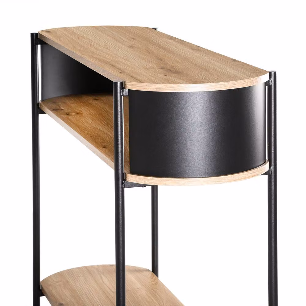 CALICOSY EKLO 3-Tier Industrial Console Table with Black Metal Sides in Light Brown, W: 100 cm, H: 80 cm, D: 34 cm – 4
