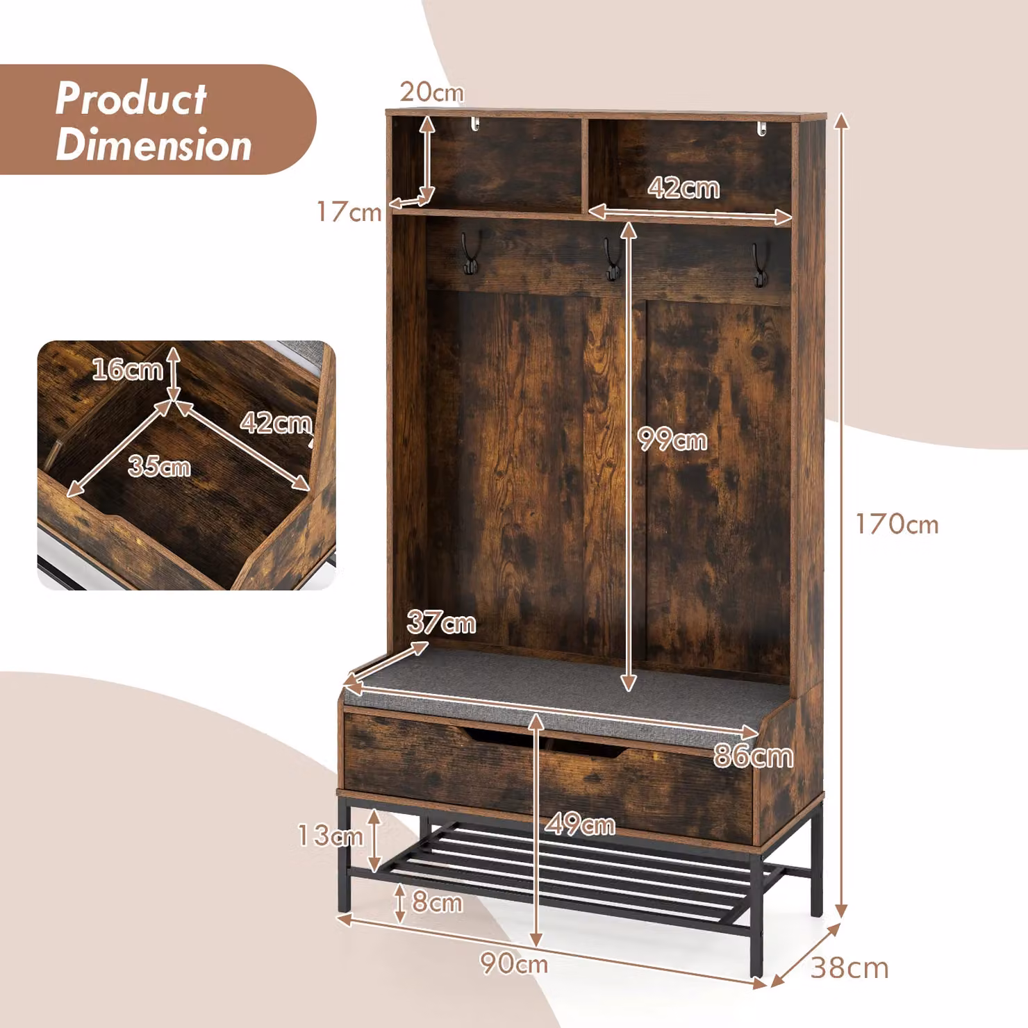 Gymax 4-in-1 Industrial Hall Tree Entryway Bench with Seat Cushion and Shoe Rack, Brown, Height: 170 cm – 2