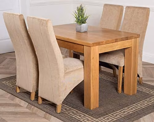 Thats Furniture Dakota Oak Dining Table and 4 Lola Beige Fabric Upholstered Chairs Set, W/D/H: 127 x 82 x 77 cm