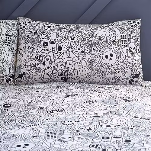 Furn Doodles Abstract Reversible Graphic Duvet Cover and Pillowcase Set in White, Black and Yellow, W/D/H: 140 x 200 cm, Pillowcase: 50 x 75 cm – 2