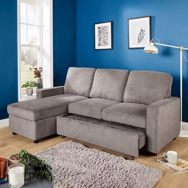 Home Source Kingston Reversible L-Shape Sectional Upholstered Corner Sofa Bed in Grey